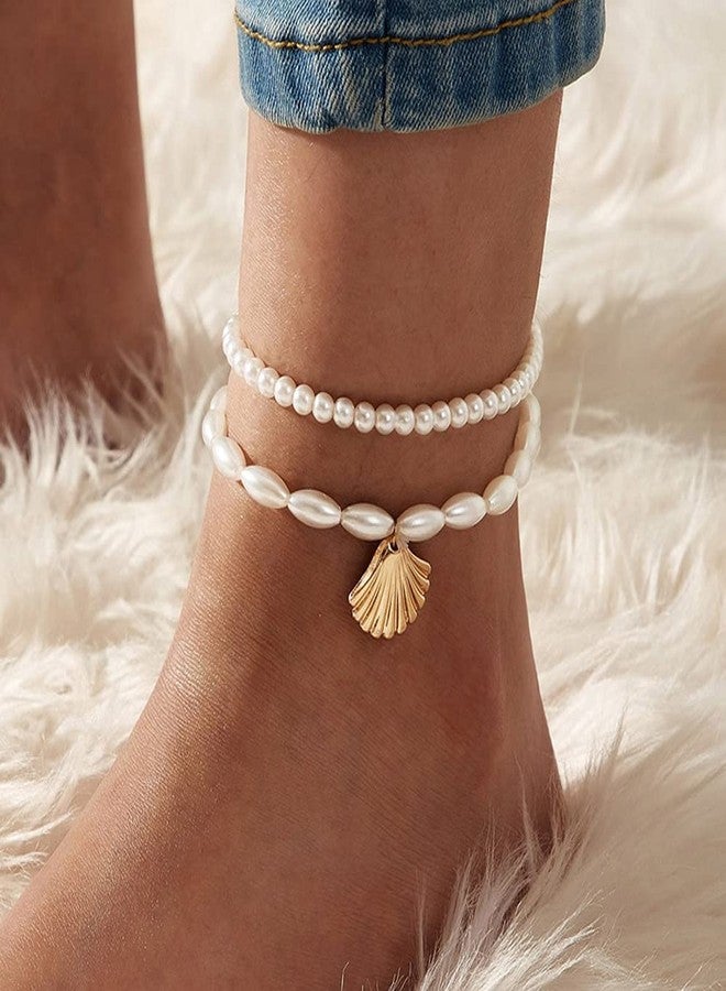 GUAFEIH Shell Anklets Set Pearl Layered Ankle Bracelet Elastic Beach Foot Chain Jewelry for Women - Image 2